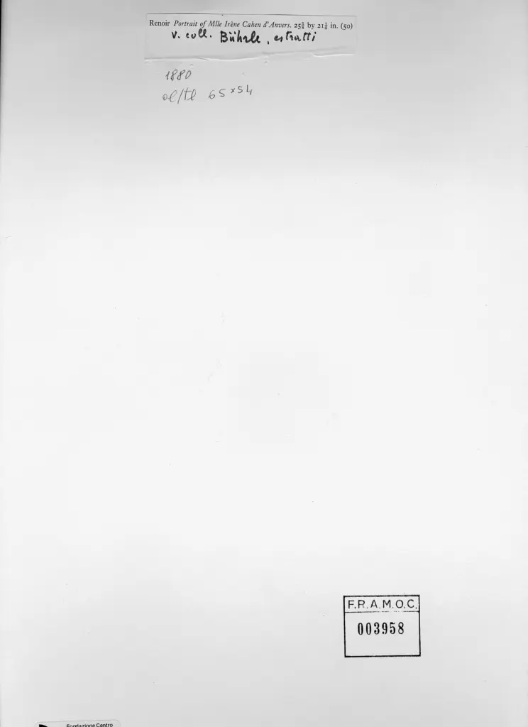 Anonimo , Renoir, Pierre Auguste - sec. XIX - Ritratto di Mlle Cahen d'Anversa , retro