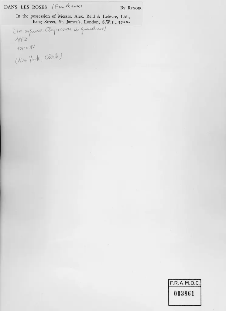 Anonimo , Renoir, Pierre Auguste - sec. XIX - Fra le rose (La Signora Clepisson in giardino) , retro