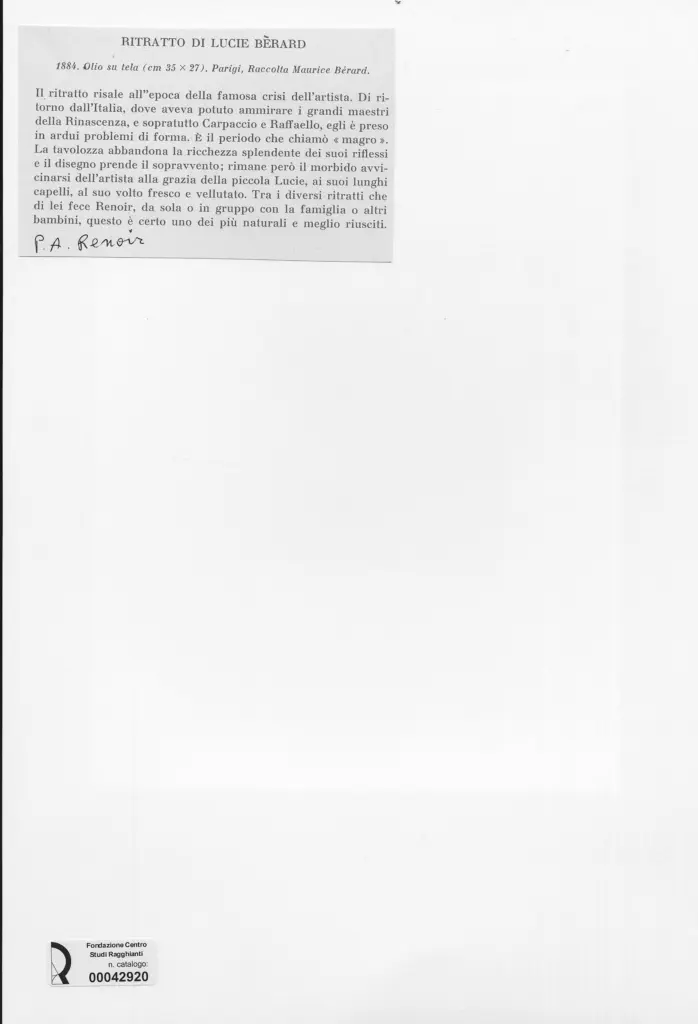 Anonimo , Renoir, Pierre Auguste - sec. XIX - Ritratto di Lucie B&egrave;rard , retro