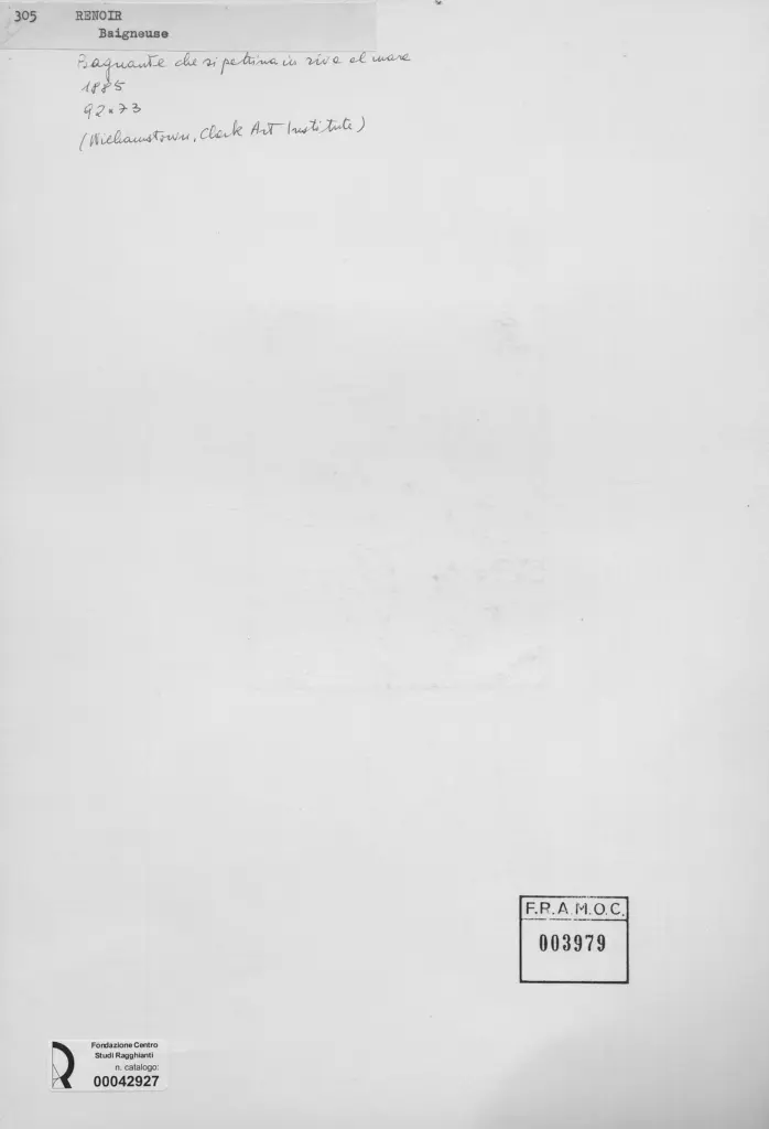 Anonimo , Renoir, Pierre Auguste - sec. XIX - Bagnante che si pettina in riva al mare , retro