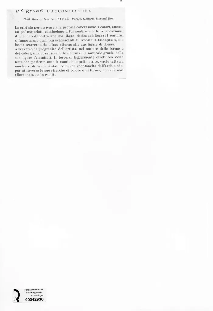 Anonimo , Renoir, Pierre Auguste - sec. XIX - L'acconciatura , retro