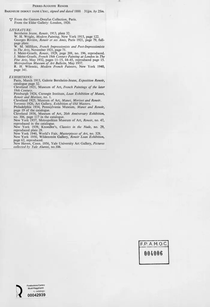 Anonimo , Renoir, Pierre Auguste - sec. XIX - Bagnante in piedi nell'acqua , retro