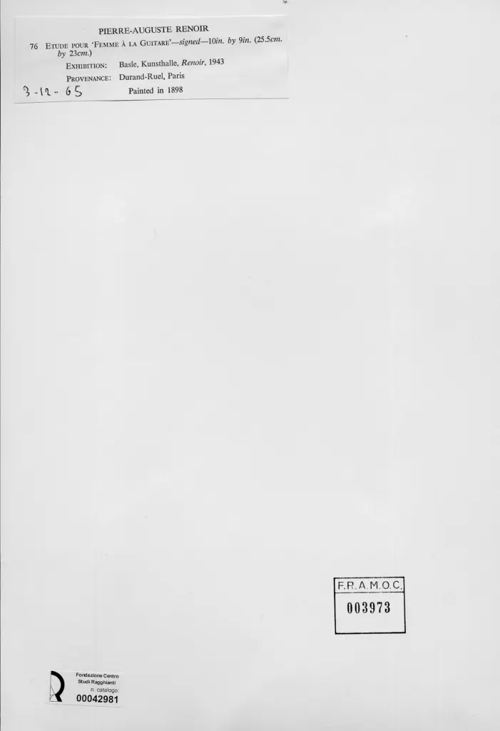 Anonimo , Renoir, Pierre Auguste - sec. XIX - Studio per "Donna alla chitarra" , retro