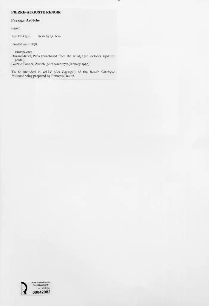 Anonimo , Renoir, Pierre Auguste - sec. XIX - Paesaggio a Ard&egrave;che , retro