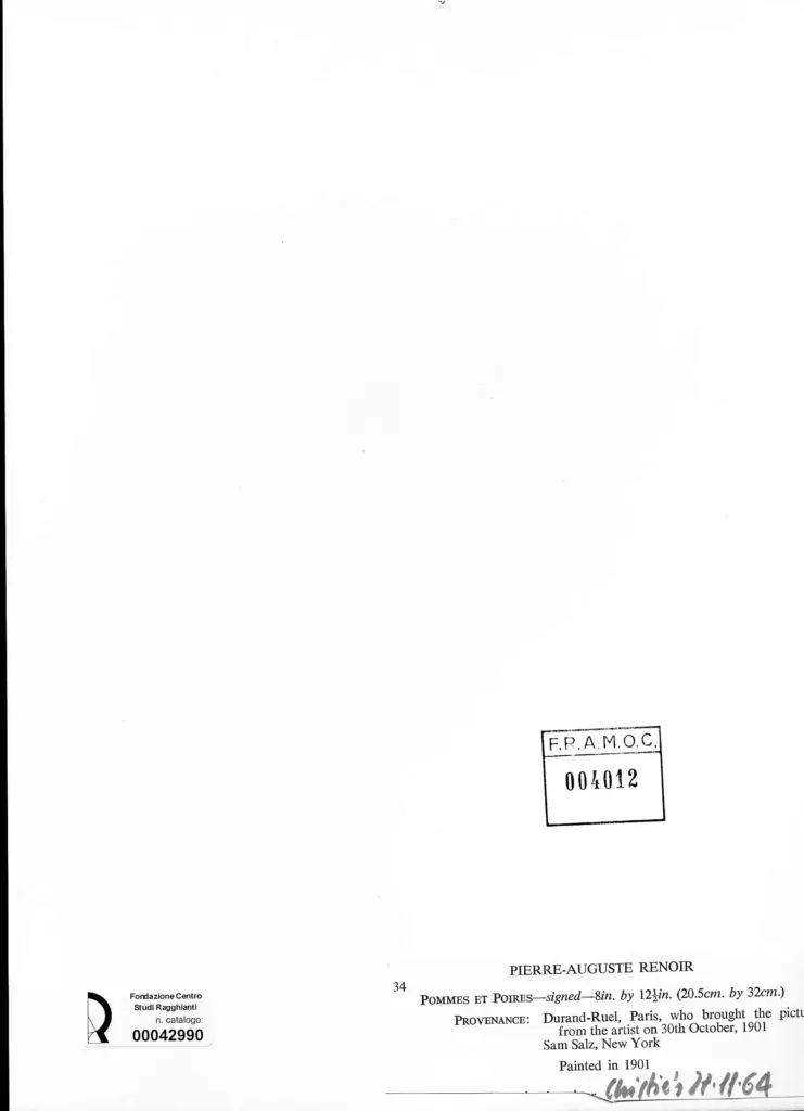 Anonimo , Renoir, Pierre Auguste - sec. XX - Mele e pere , retro