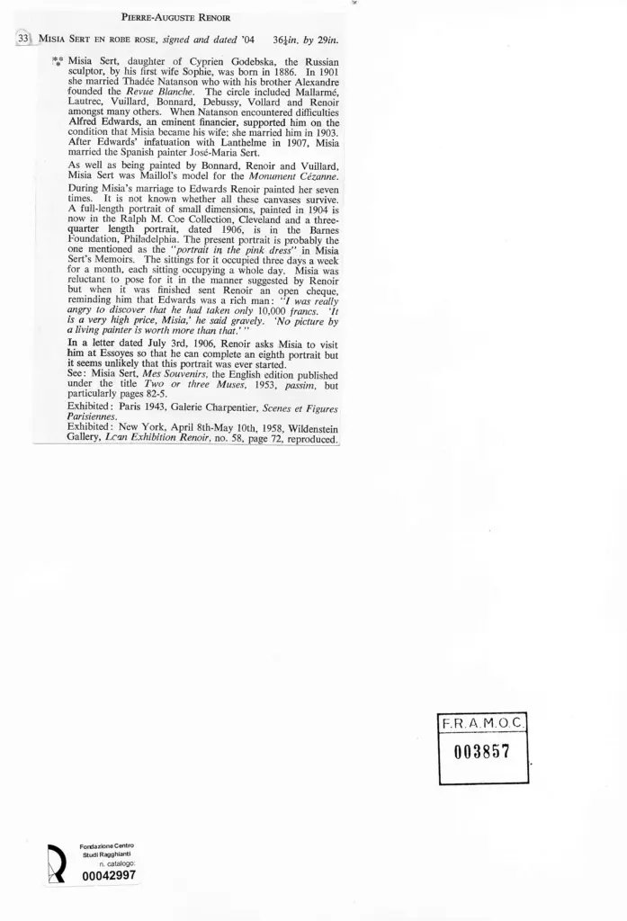 Anonimo , Renoir, Pierre Auguste - sec. XX - Misia Sert in abito rosa , retro