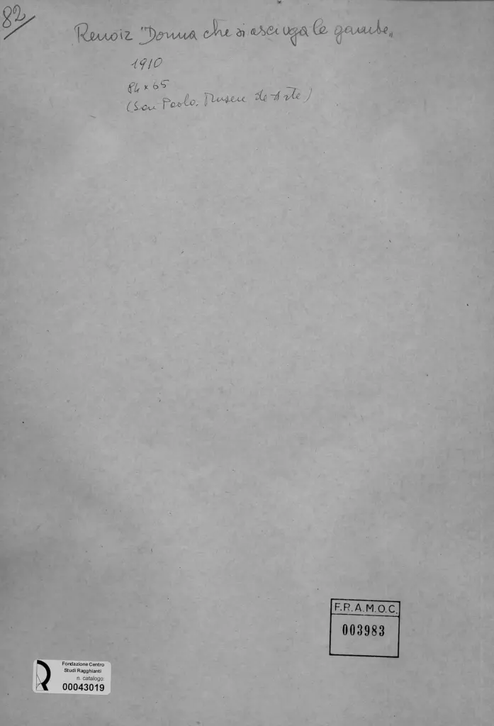 Anonimo , Renoir, Pierre Auguste - sec. XX - Donna che si asciuga le gambe , retro