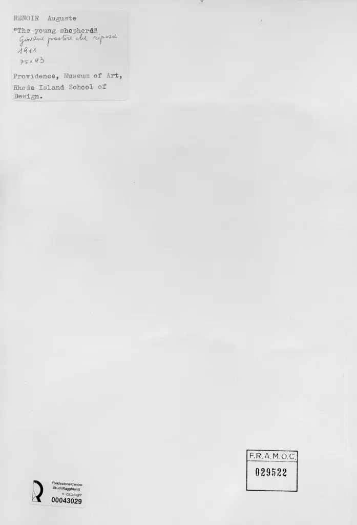 Anonimo , Renoir, Pierre Auguste - sec. XX - Giovane pastore che riposa , retro