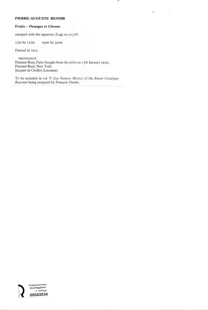 Anonimo , Renoir, Pierre Auguste - sec. XX - Frutta - Arance e Limoni , retro