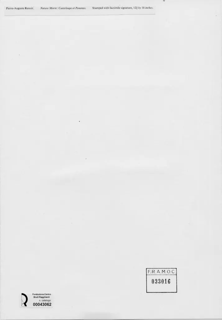 Anonimo , Renoir, Pierre Auguste - sec. XIX - Natura morta con melone e mele , retro
