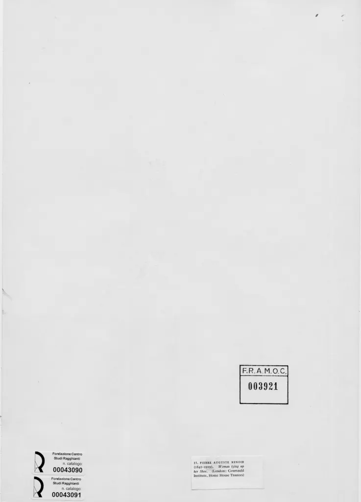 Anonimo , Renoir, Pierre Auguste - sec. XIX - Donna che si allaccia una scarpa (particolare) , retro