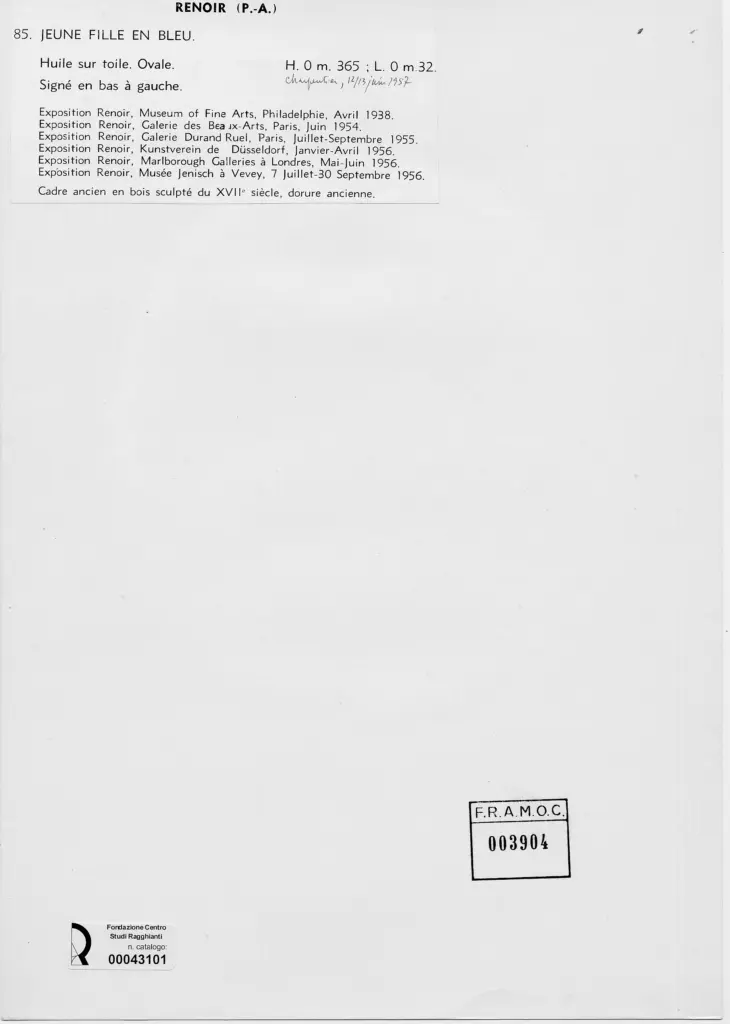 Anonimo , Renoir, Pierre Auguste - sec. XIX - Giovane donna in blu , retro