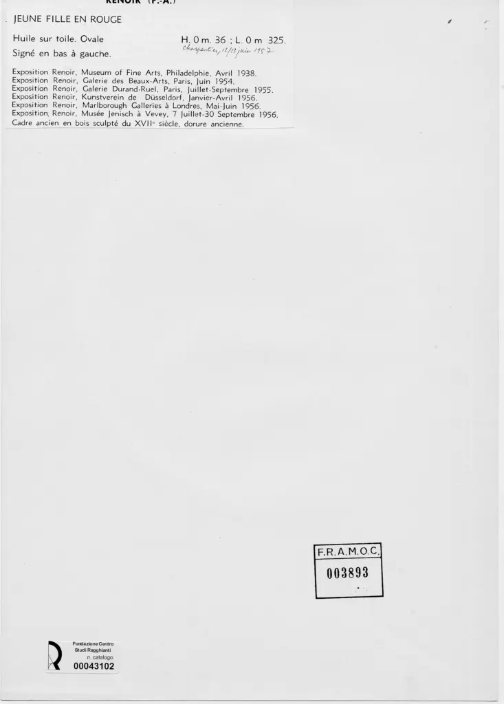 Anonimo , Renoir, Pierre Auguste - sec. XIX - Giovane ragazza in rosso , retro