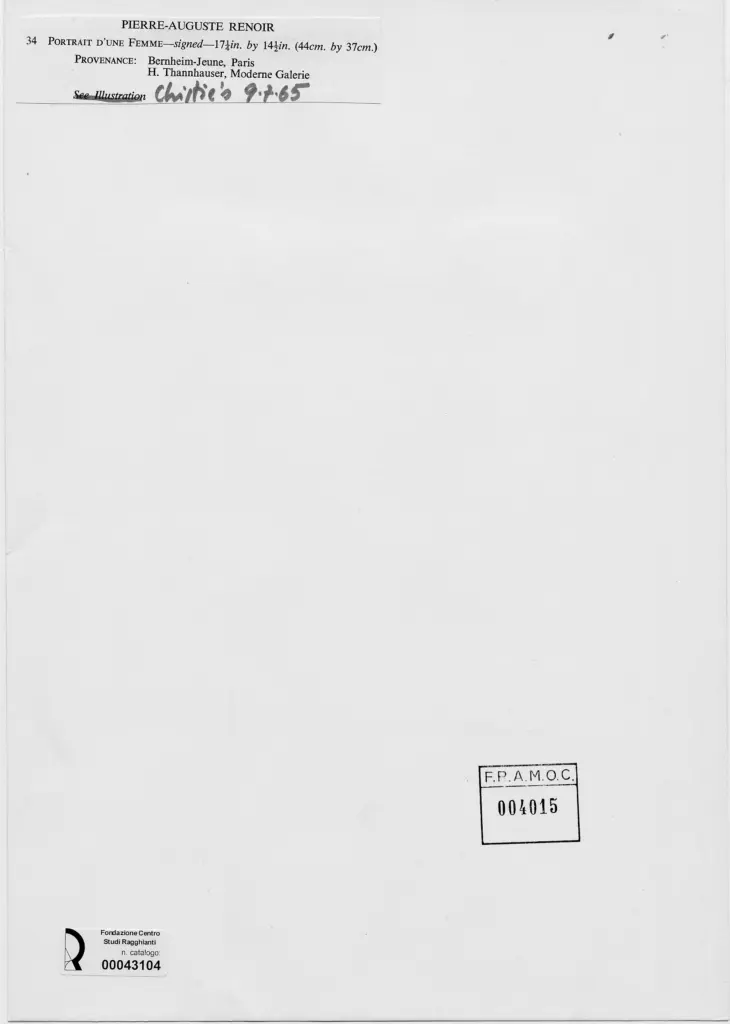 Anonimo , Renoir, Pierre Auguste - sec. XIX - Ritratto di donna , retro