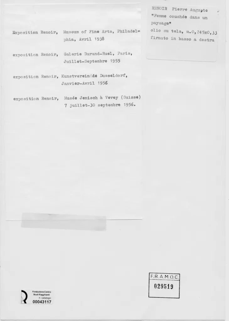 Anonimo , Renoir, Pierre Auguste - sec. XIX - Donna sdraiata in un paesaggio , retro