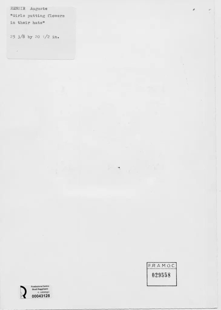 Anonimo , Renoir, Pierre Auguste - sec. XIX - Ragazze che mettono fiori nei cappelli , retro