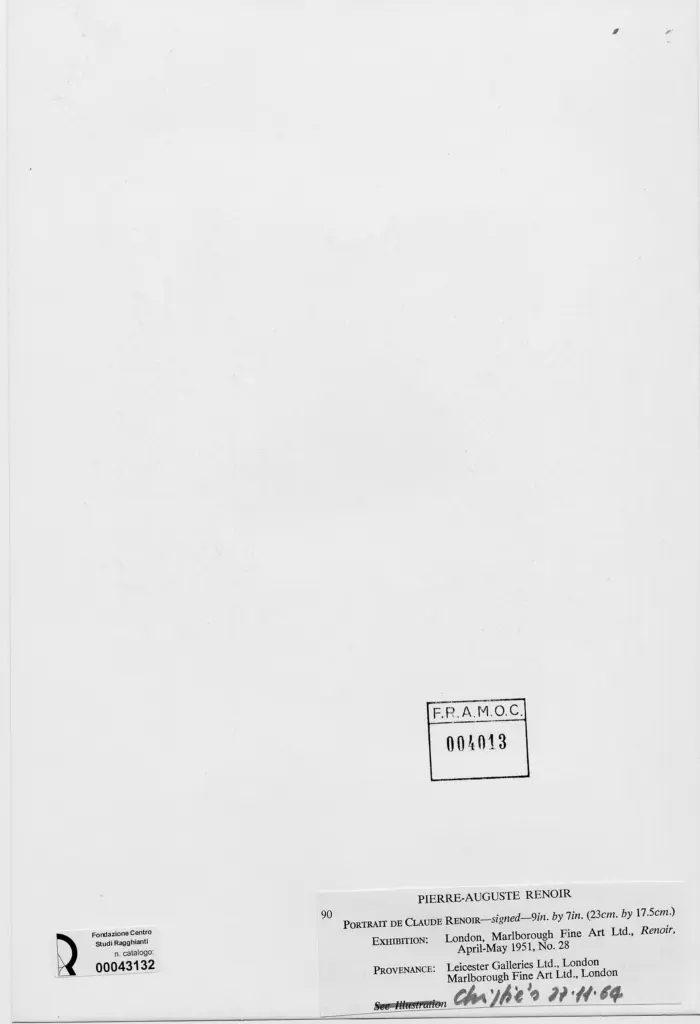 Anonimo , Renoir, Pierre Auguste - sec. XIX - Ritratto di Claude Renoir , retro