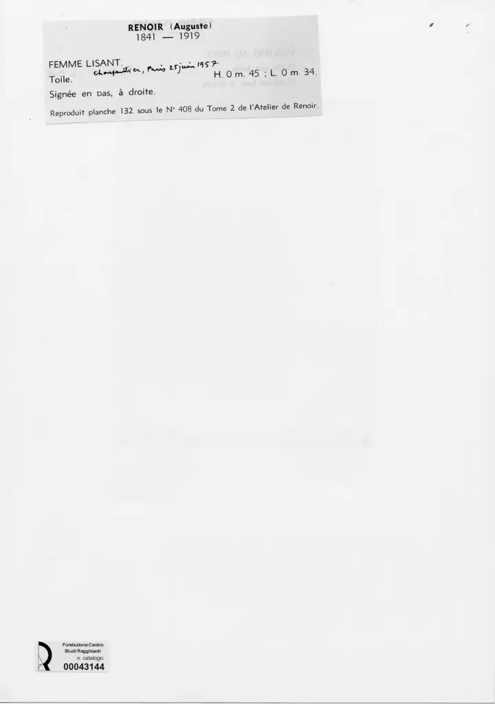 Anonimo , Renoir, Pierre Auguste - sec. XIX - Donna che legge , retro