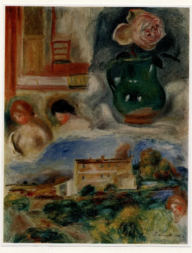 Anonimo , Renoir, Pierre Auguste - sec. XIX - Rose in un vaso, paesaggio, figure e sedia , fronte