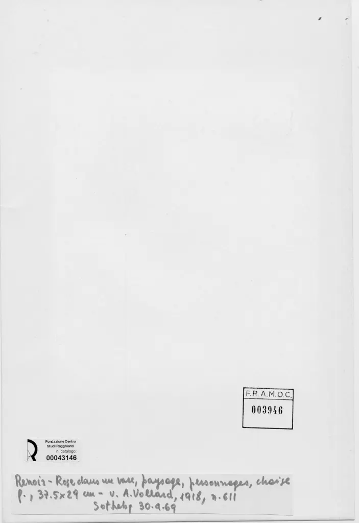 Anonimo , Renoir, Pierre Auguste - sec. XIX - Rose in un vaso, paesaggio, figure e sedia , retro