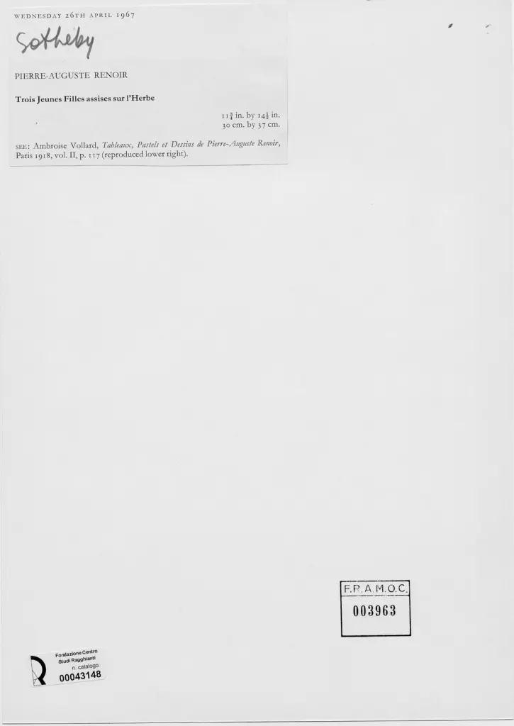 Anonimo , Renoir, Pierre Auguste - sec. XIX - Tre fanciulle sedute su un prato , retro
