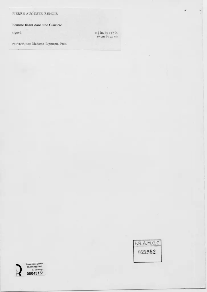 Anonimo , Renoir, Pierre Auguste - sec. XIX - Donna che legge in un prato , retro