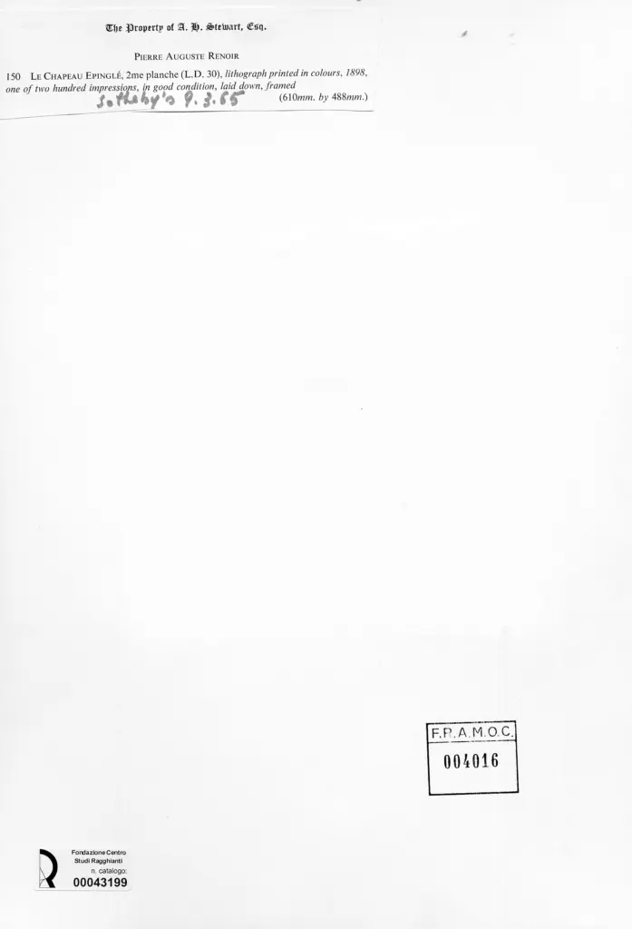 Anonimo , Renoir, Pierre Auguste - sec. XIX - Il cappello con spillone , retro