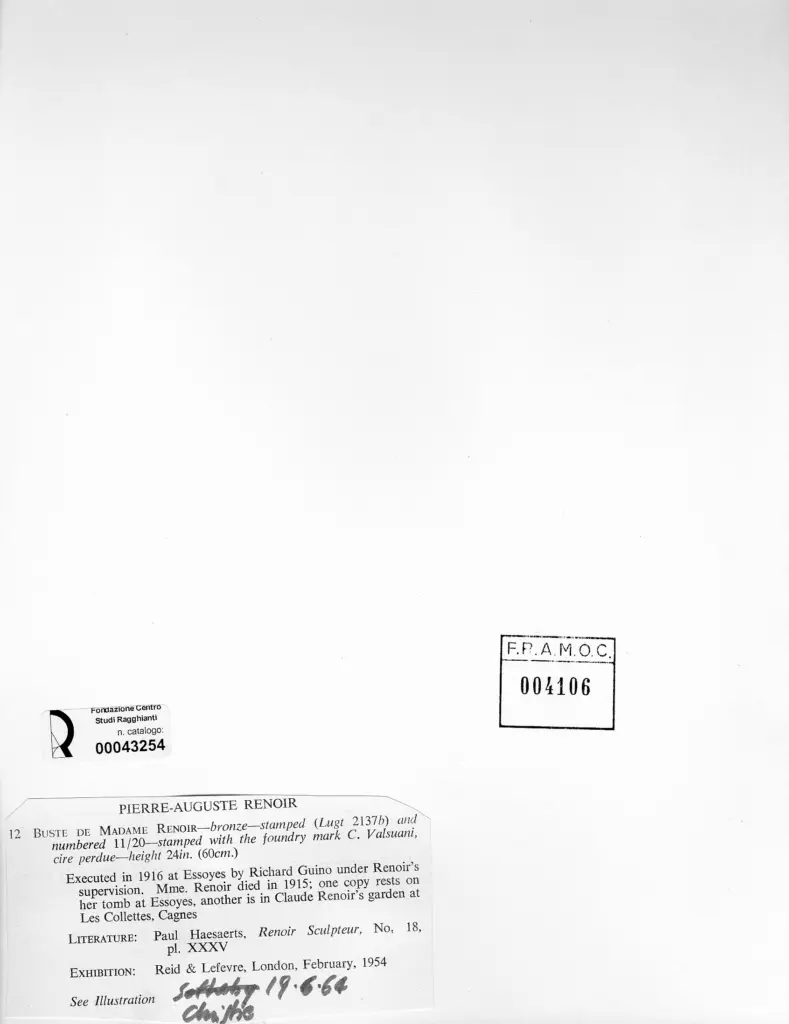 Anonimo , Guino, Richard; Renoir, Pierre Auguste - sec. XX - Busto di Madame Renoir , retro