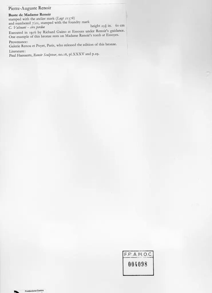 Anonimo , Renoir, Pierre Auguste; Guino, Richard - sec. XX - Busto di Madame Renoir , retro