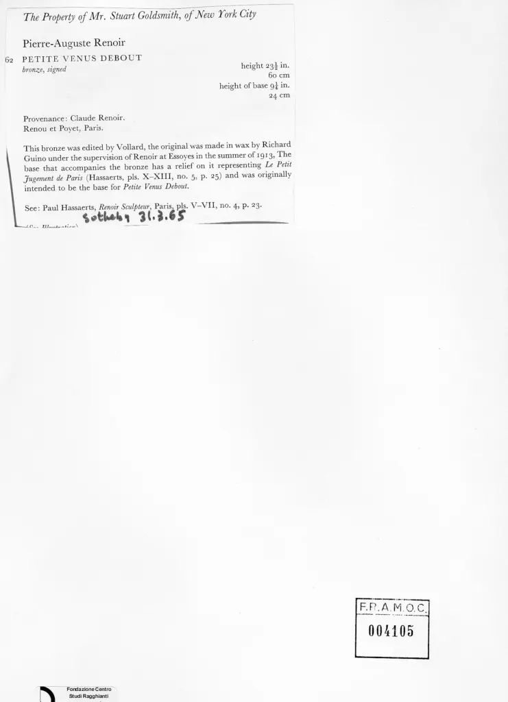 Anonimo , Guino, Richard; Renoir, Pierre Auguste - sec. XX - Piccola Venere in piedi , retro