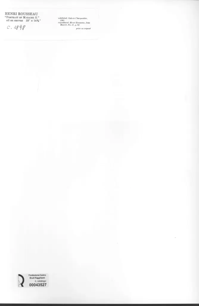 Anonimo , Rousseau, Henri - sec. XIX - Portrait of Madame S. , retro