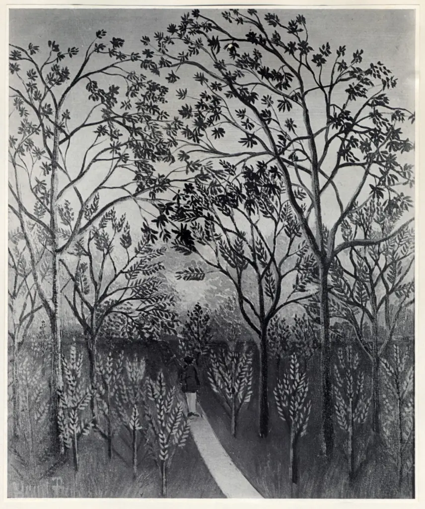 Anonimo , Rousseau, Henri - sec. XX - Un coin du Ch&acirc;teau du Bellevue, en automne, au soleil couchant , fronte