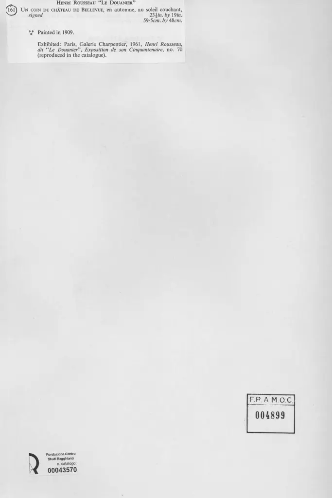 Anonimo , Rousseau, Henri - sec. XX - Un coin du Ch&acirc;teau du Bellevue, en automne, au soleil couchant , retro