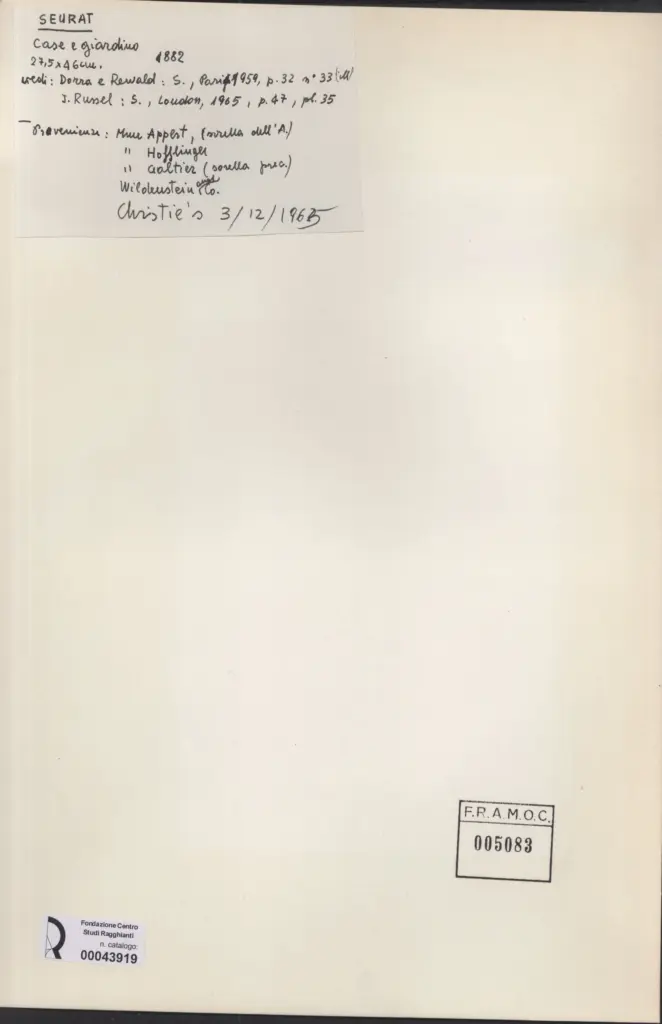 Anonimo , Seurat, Georges - sec. XIX - Case e giardino , retro