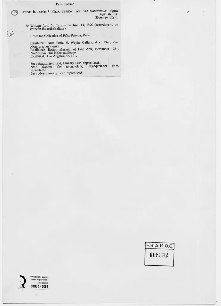 Anonimo , Signac, Paul - sec. XIX - Lettre illustée à Félix Fénéon , retro