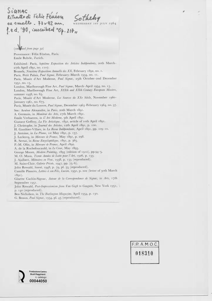 Anonimo , Signac, Paul - sec. XIX - Ritratto di Felix F&eacute;n&eacute;on , retro