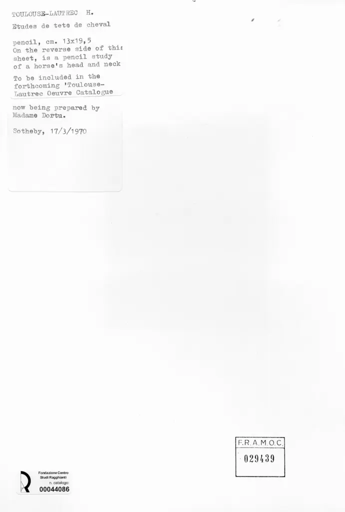 Anonimo , Toulouse-Lautrec, Henri de - sec. XIX - Studi di teste di cavallo , retro