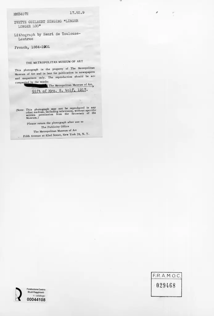 Anonimo , Toulouse-Lautrec, Henri de - sec. XIX - Yvette Guilbert che canta "Linger longer loo" , retro