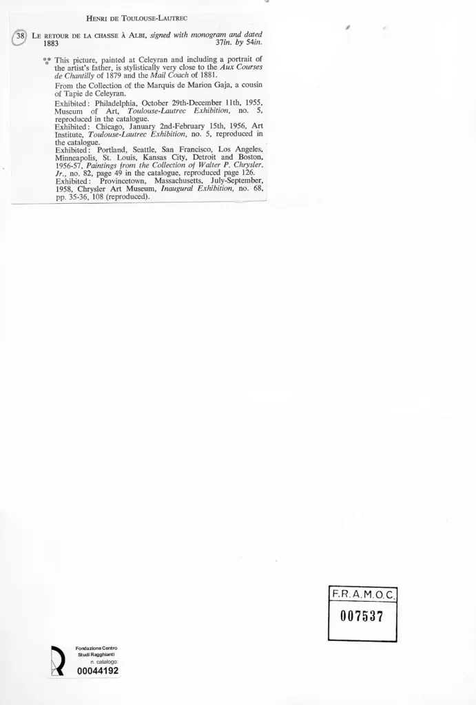 Anonimo , Toulouse-Lautrec, Henri de - sec. XIX - Il ritorno della caccia ad Albi , retro