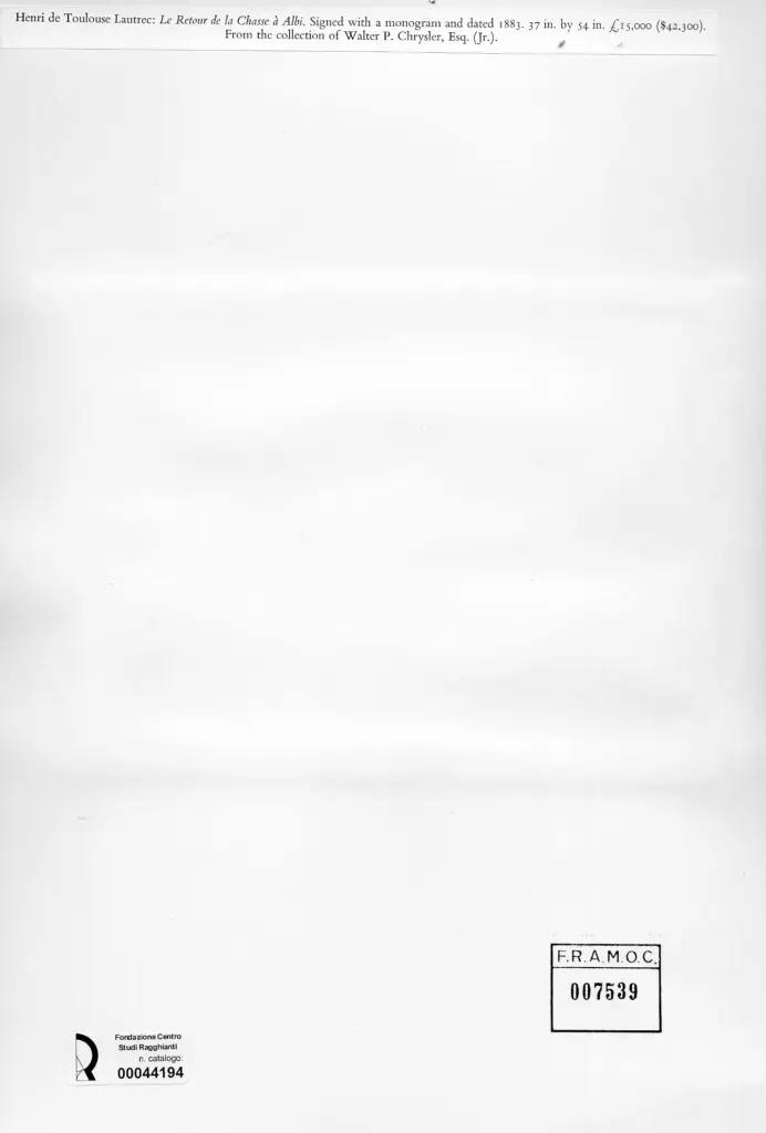 Anonimo , Toulouse-Lautrec, Henri de - sec. XIX - Il ritorno dalla caccia ad Albi , retro