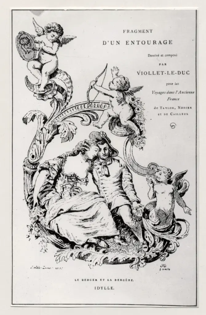 Anonimo , Viollet Le Duc, Victor - sec. XIX - Frontespizio con due amanti e amorini , fronte