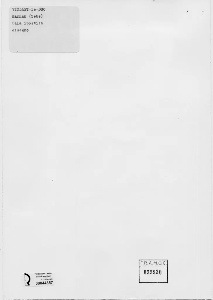 Anonimo , Viollet Le Duc, Victor - sec. XIX - Veduta della sala ipostila di Karnak (Tebe) , retro