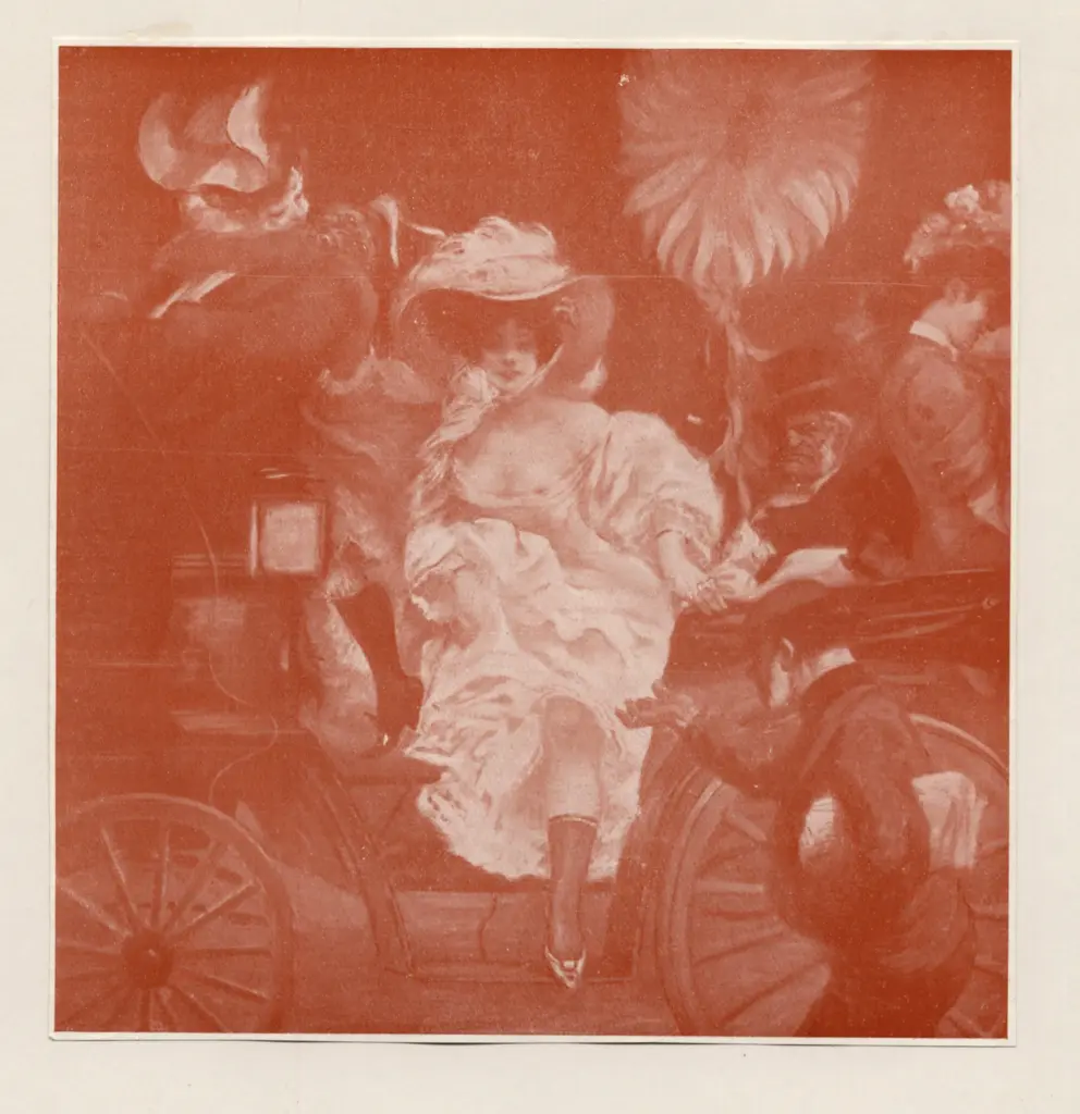 Anonimo , Willette, Adolphe - sec. XX - Donna che scende dalla carrozza con figure , fronte