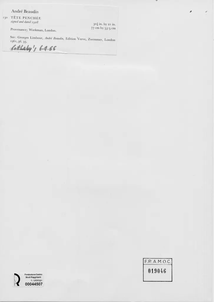 Anonimo , Beaudin, Andr&egrave; - sec. XX - Raffigurazione di testa tesa , retro