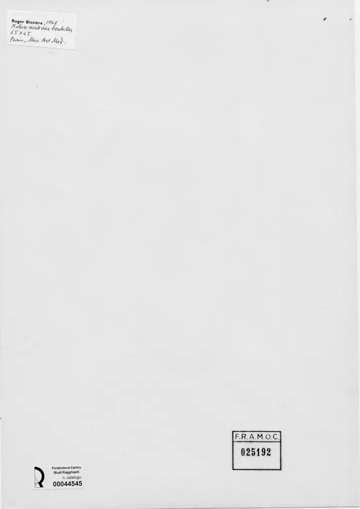 Anonimo , Bissi&egrave;re, Roger - sec. XX - Natura morta con bottiglie , retro