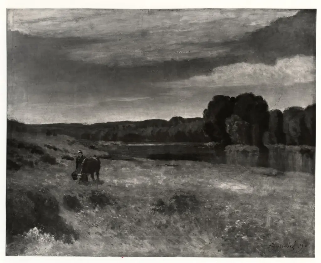 Bouch&eacute;, Louis , Paesaggio con fiume, donna e mucca
