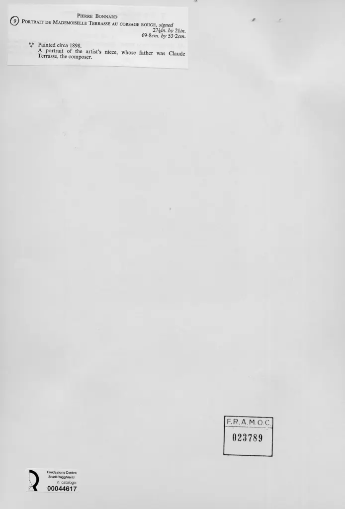 Anonimo , Bonnard, Pierre - sec. XIX - Ritratto di Mademoiselle Terrasse come Corsaro Rosso , retro