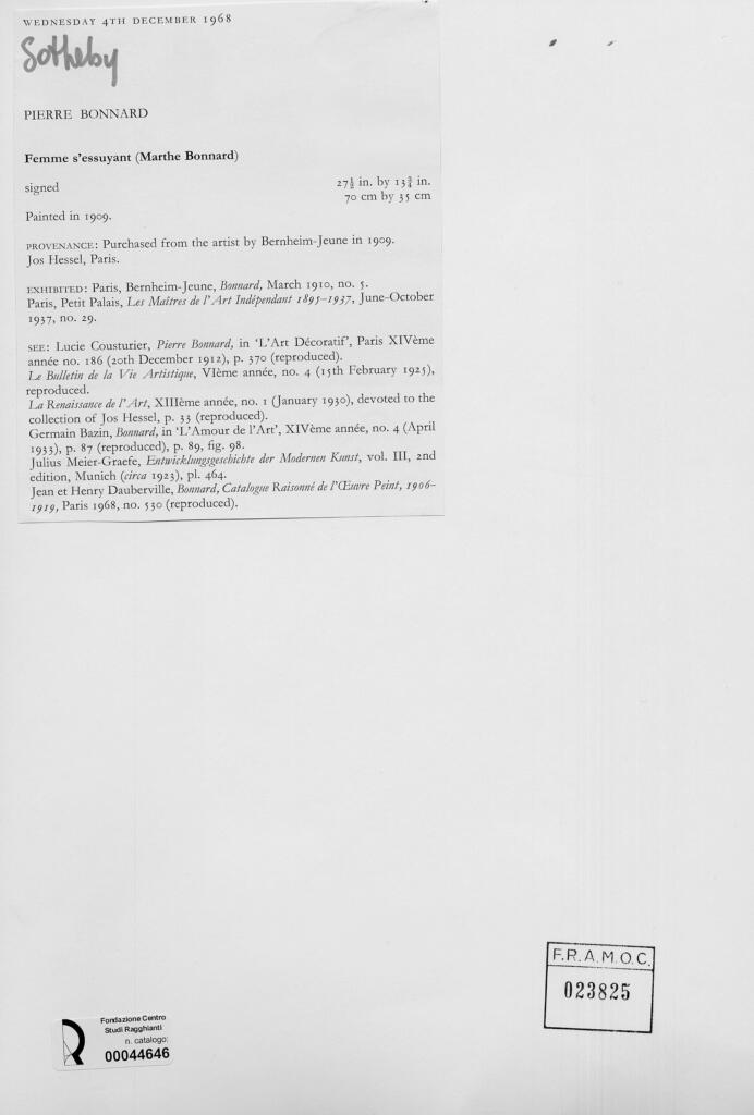 Anonimo , Bonnard, Pierre - sec. XX - Donna che si asciuga (Marthe Bonnard) , retro