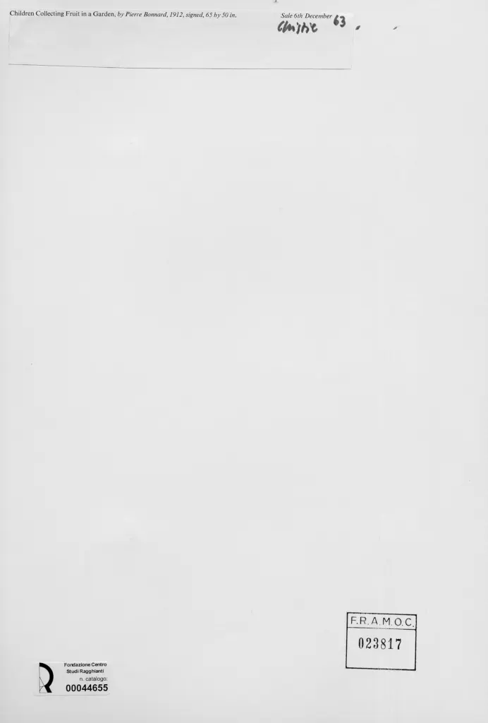 Anonimo , Bonnard, Pierre - sec. XX - Bambini che raccolgono frutta in un giardino , retro