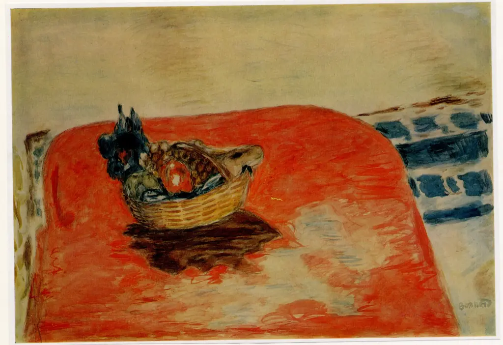 Anonimo , Bonnard, Pierre - sec. XX - Paniere di frutta su tovaglia rossa , fronte
